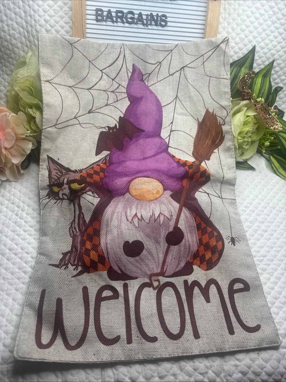 Hanger & GF Happy Halloween 3 Gnomes Spider Web 12x18IN Printed DS Burlap Fabric